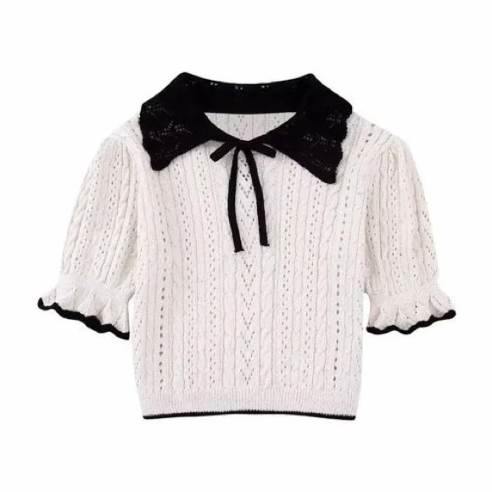 NWOT Kimchi Blue Carlie Pointelle Short Sleeve Sweater Cream Black Small - Picture 5 of 13